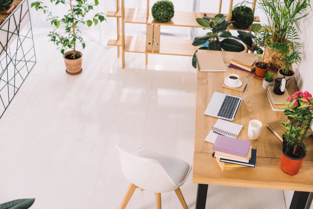 High angle view of interior of business office with plant for article about how to figure out how much money you need to retire comfortably