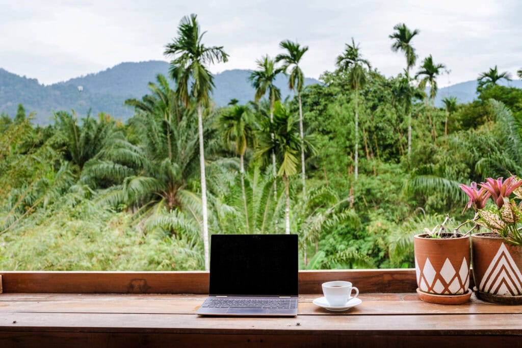 laptop on table in front of jungle for article best ways to make $15,000 a month on a laptop