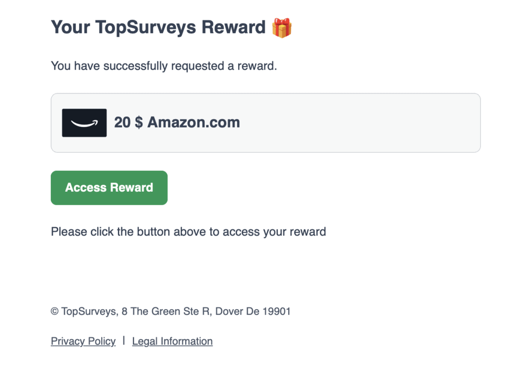 Here's proof that I successfully cashed out a $20 Amazon gift card from TopSurveys after reaching the payout threshold.