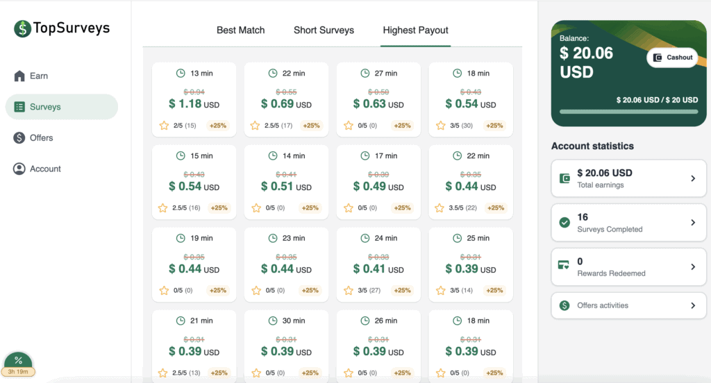 TopSurveys lists dozens of available surveys, with clear payout rates and completion times to help you choose the best ones.