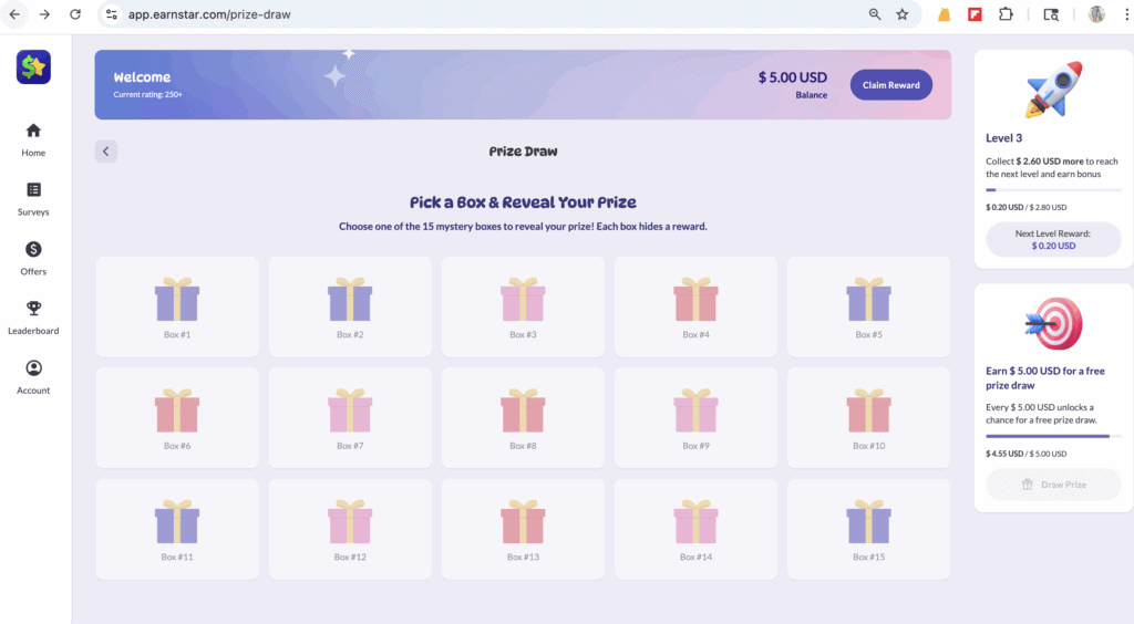 After reaching $5, you unlock a fun mystery box prize draw that gives you bonus rewards like cash boosts.